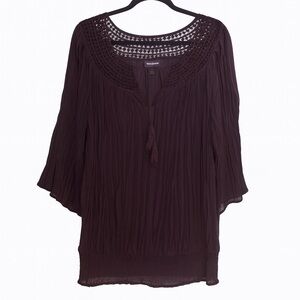 Lane Bryant Black Boho Sheer Pleated Crochet Peasant Top 14/16 W/ Tassels